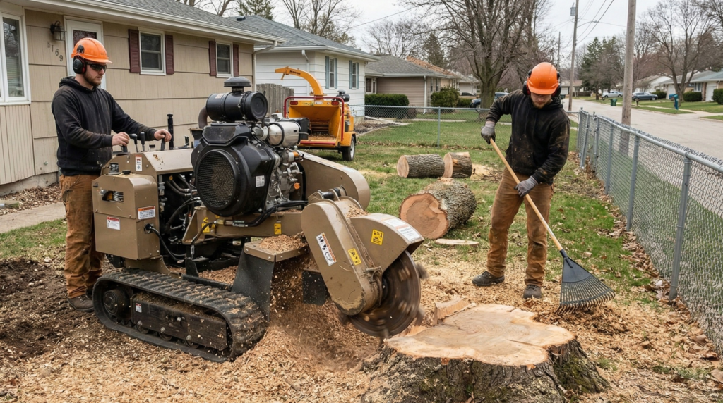 Crew performing Tree Trimming Antelope Valley service while clearing branches from a residential side yard awning area
