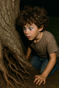 8-year-old boy kneeling beside sycamore tree looking at exposed roots in Lancaster CA backyard