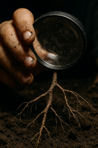 Child using magnifying glass to examine tree roots