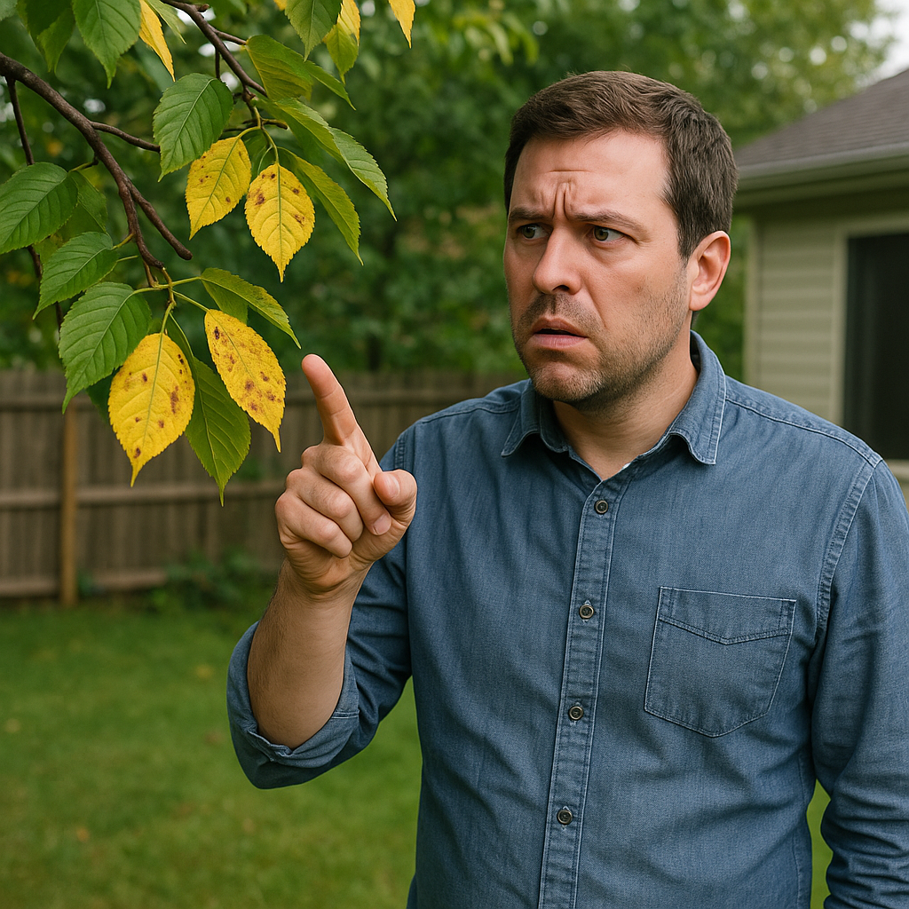 Concerned homeowner pointing at yellowing leaves on tree in Lancaster yard