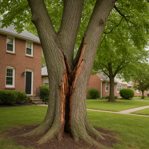 Damaged tree trunk with visible split in Lancaster residential yard
