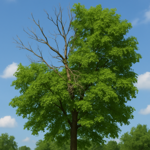 : Dead branches visible in tree canopy