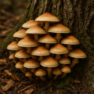 Close-up of mushroom growth at base of tree trunk showing decay