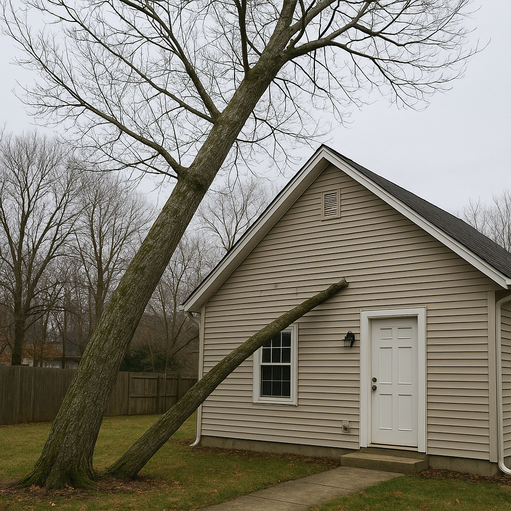 Leaning tree near residential home showing hazard