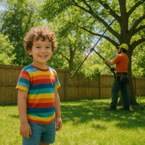 Happy young boy in colorful shirt smiling while a tree service worker trims a backyard tree