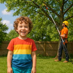 Happy young boy in colorful shirt smiling while a tree service worker trims a backyard tree
