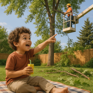 Smiling curly-haired child sitting on picnic blanket and pointing at arborist in lift trimming a tree