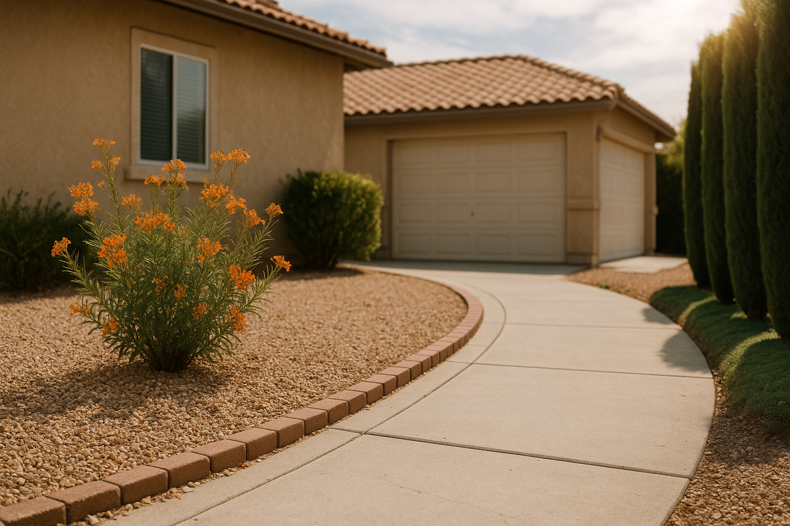 Xeriscape front yard in Palmdale, California with orange flowering desert shrub, gravel ground cover, and tan stucco house