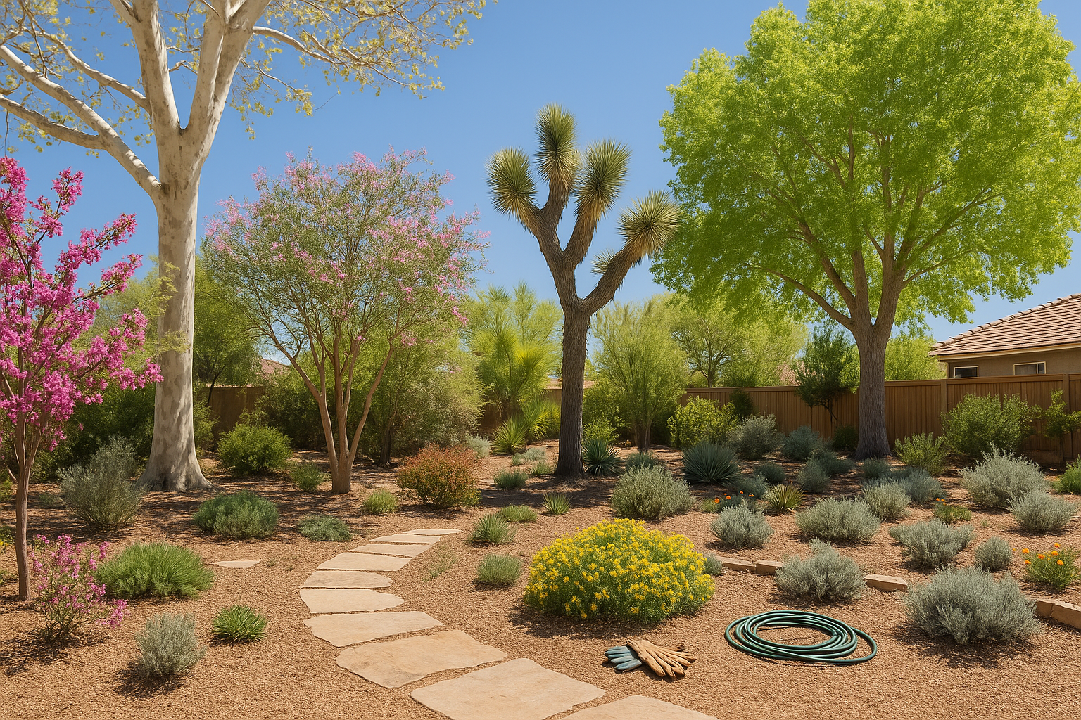 Drought-tolerant backyard in Lancaster, CA with native trees, flowering shrubs, and a curved stone pathway