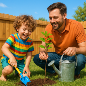Smiling young boy with curly hair in a rainbow shirt planting a tree with his dad in Lancaster, CA, using a shovel and watering can