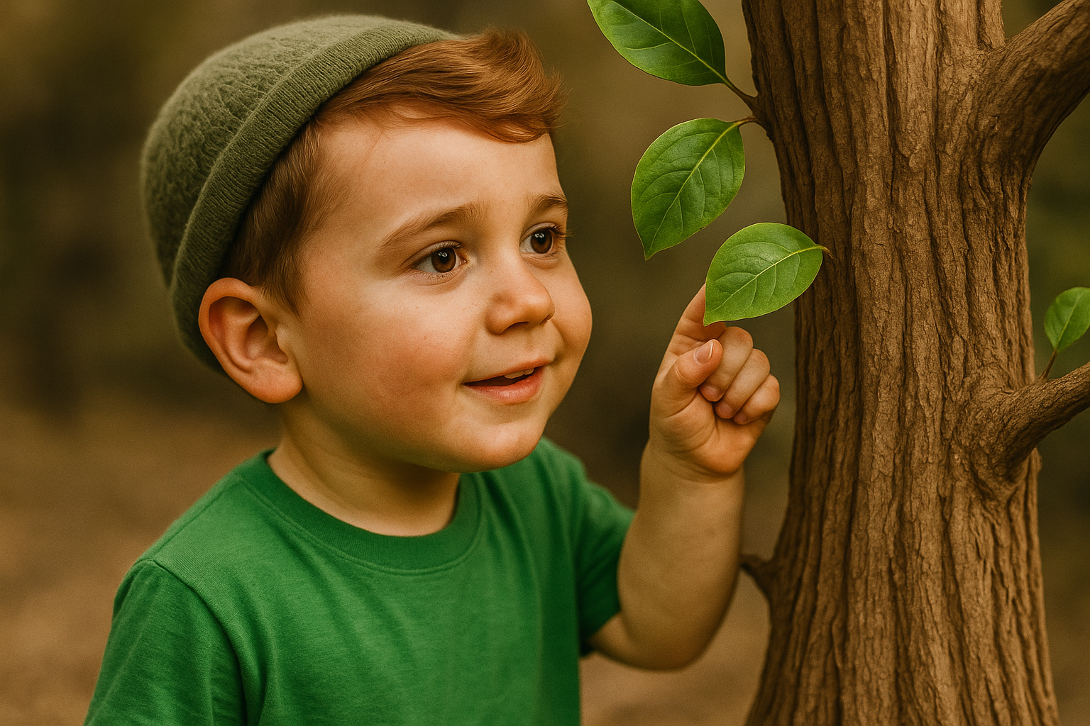 Smiling young boy touches a tree leaf with curiosity during a nature adventure.