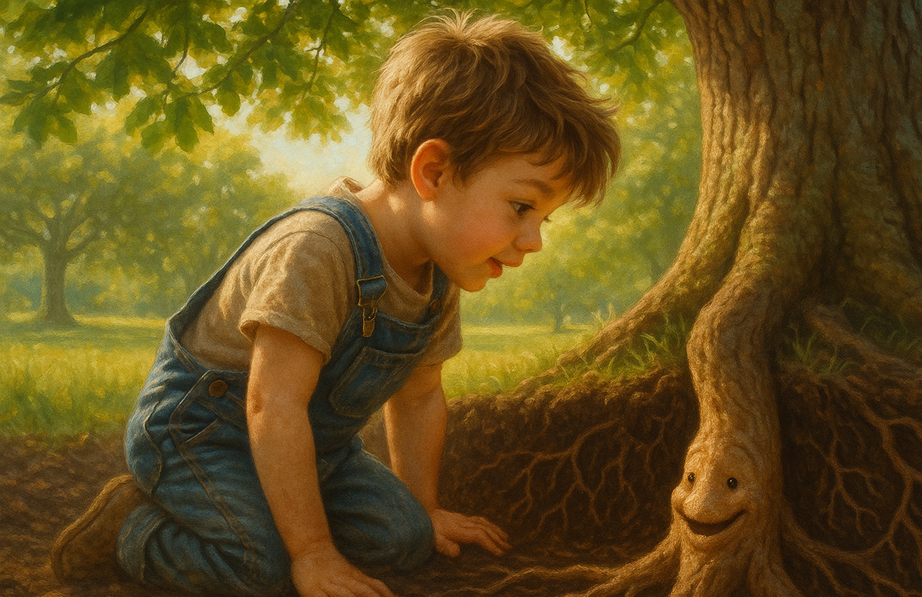 Young boy in overalls listening to a tree while a smiling root character emerges from the soil in a sunlit park.