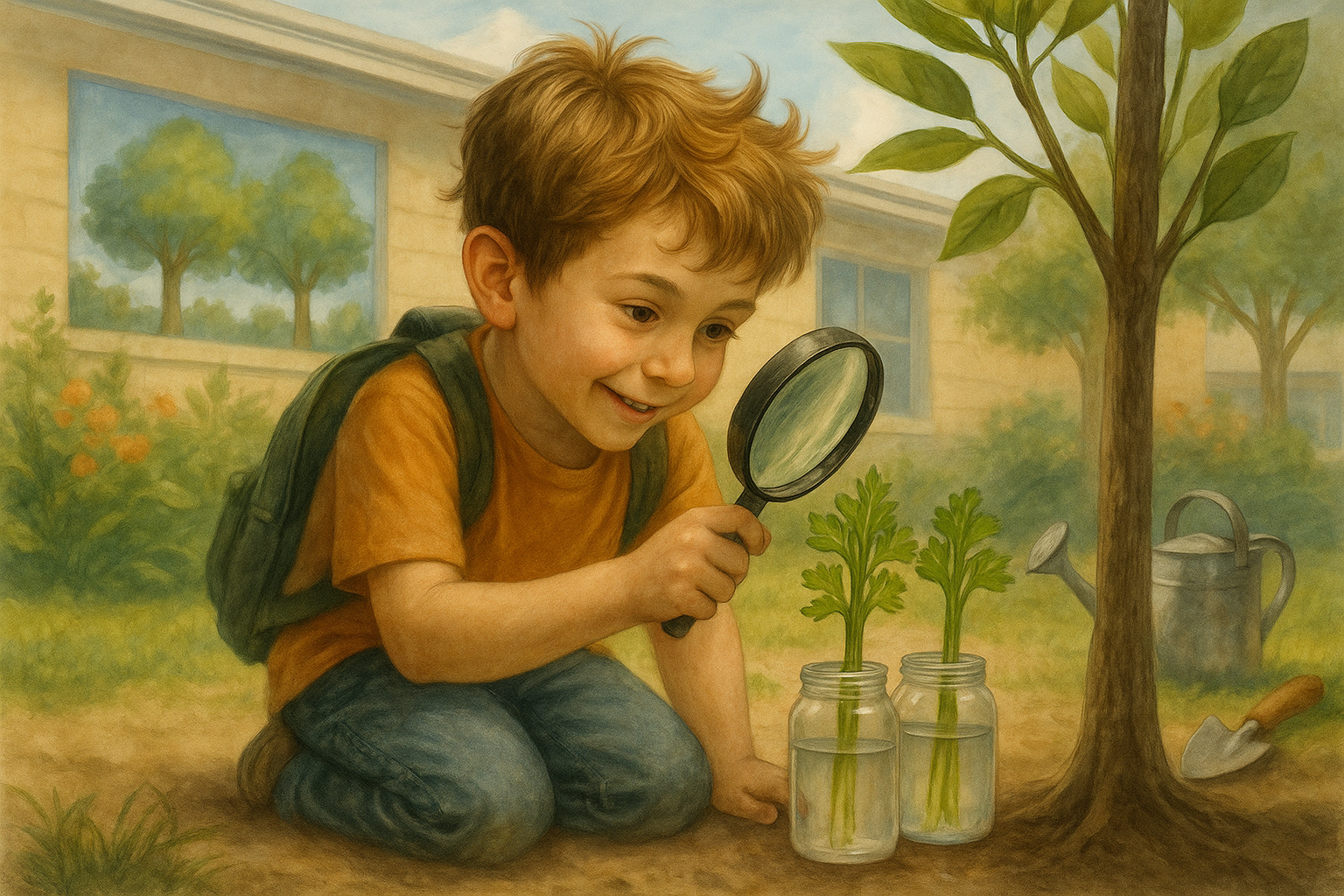 Illustrated scene of a boy named Sprout using a magnifying glass to observe water on a tree while kids perform a celery water experiment in a sunny school garden.