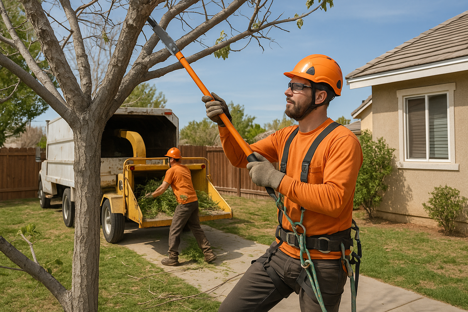 Tree trimming crew in Lancaster loading branches into a chipper truck after trimming a backyard tree.