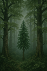 Ancient Wollemi pine in foggy prehistoric forest