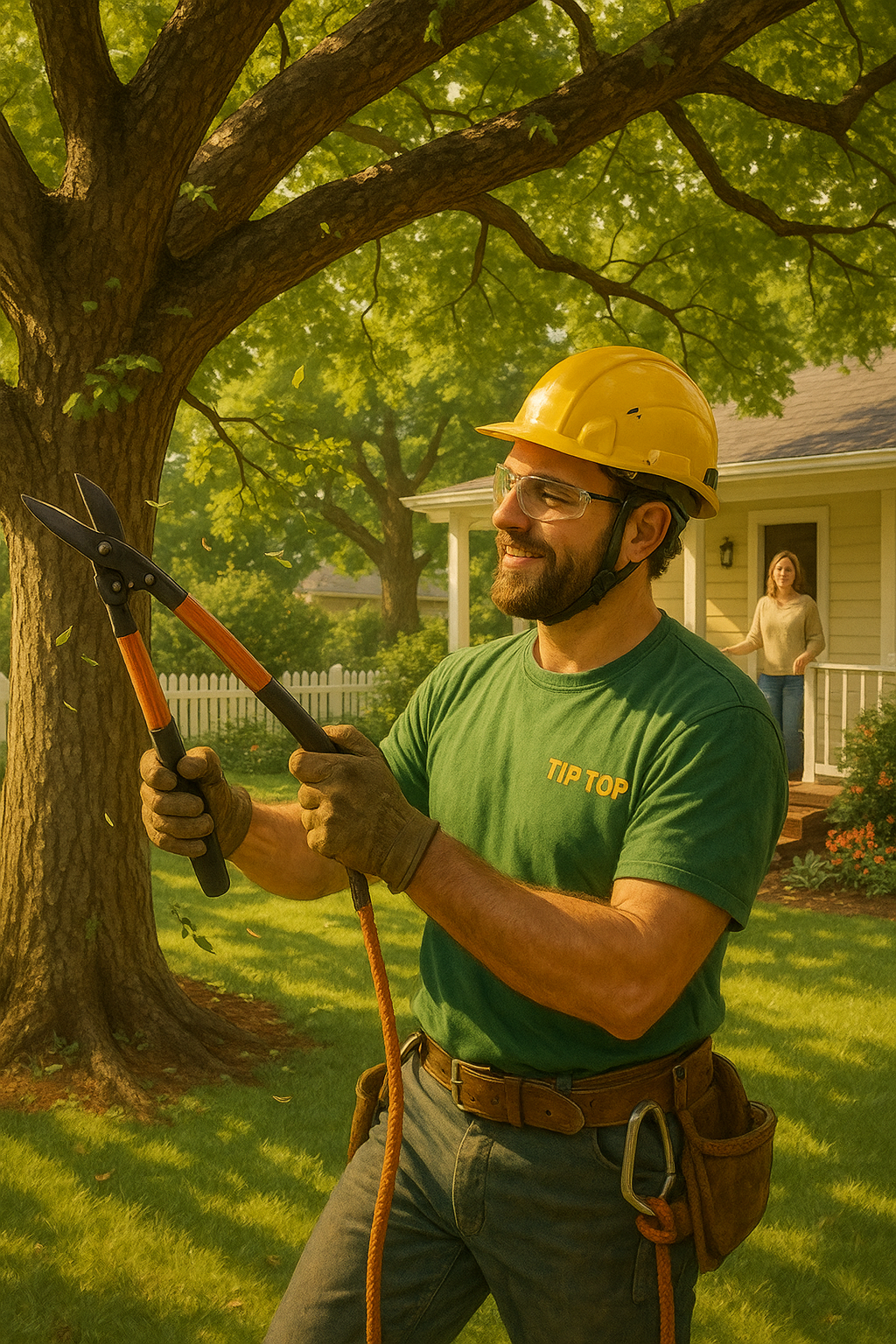 arborist trimming tree branches in suburban backyard