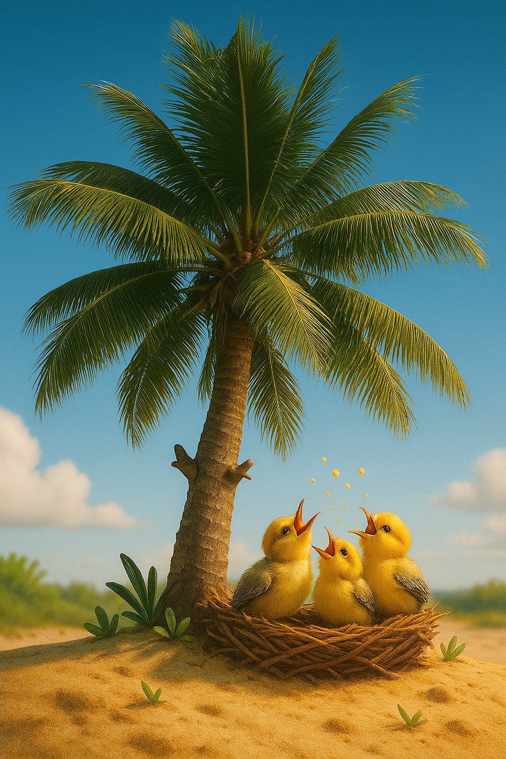 Three baby birds in a nest beneath a tall palm tree on a sunny day in Lancaster, California