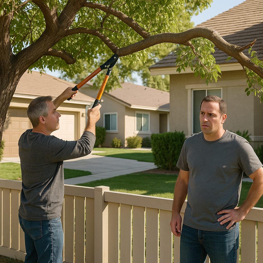 Who’s Responsible for That Tree? A hyper-realistic photo of two middle-aged male neighbors in a residential neighborhood, one trimming a tree branch that crosses a backyard fence while the other looks upset.
