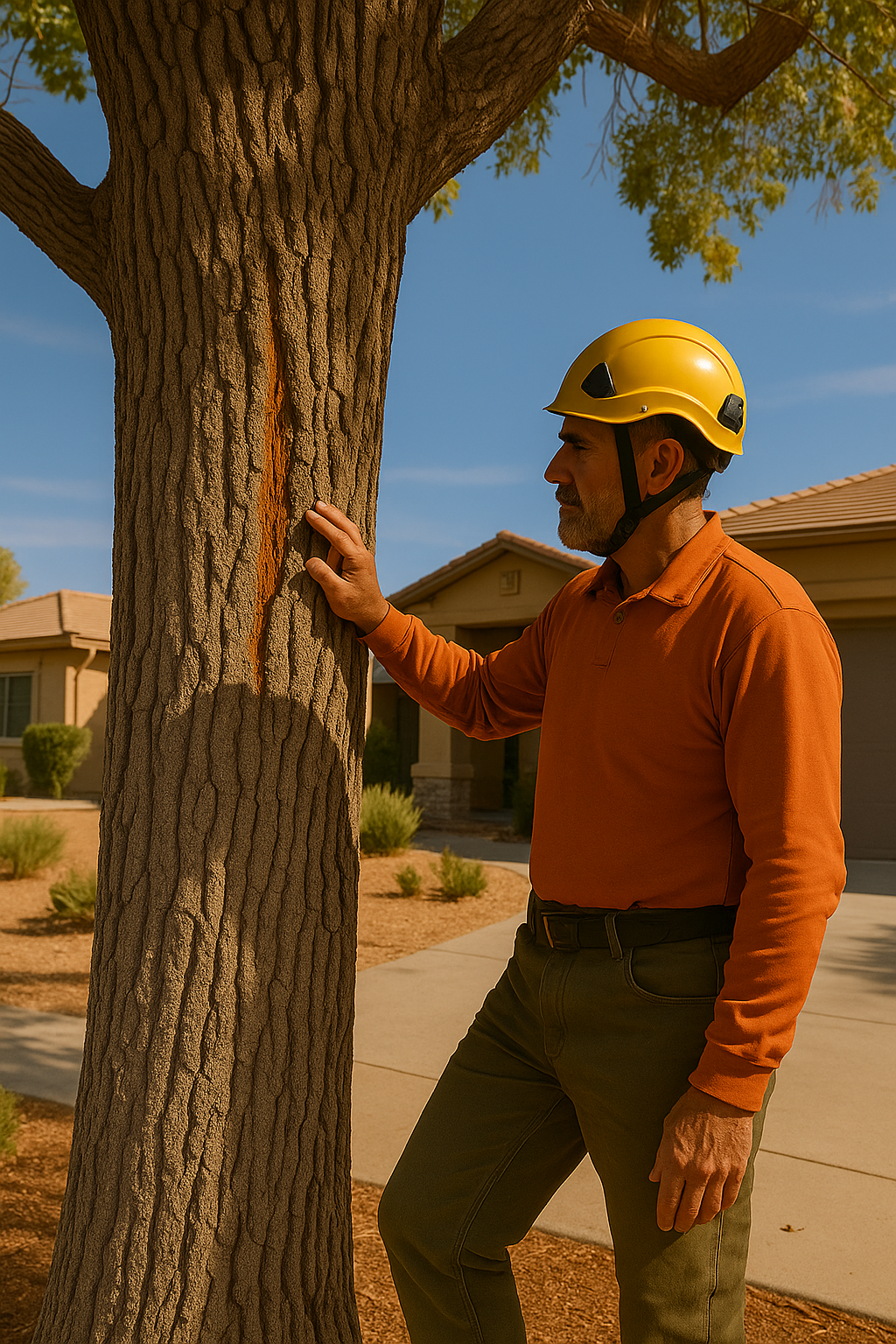 arborist inspecting cracked tree trunk in Lancaster backyard