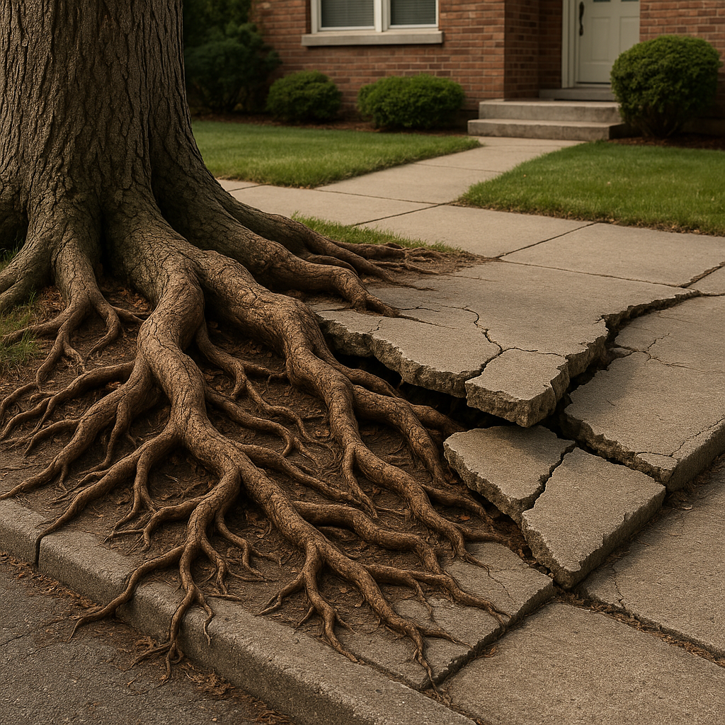 Tree Root Damage- Tree roots breaking and lifting a residential sidewalk in front of a brick home