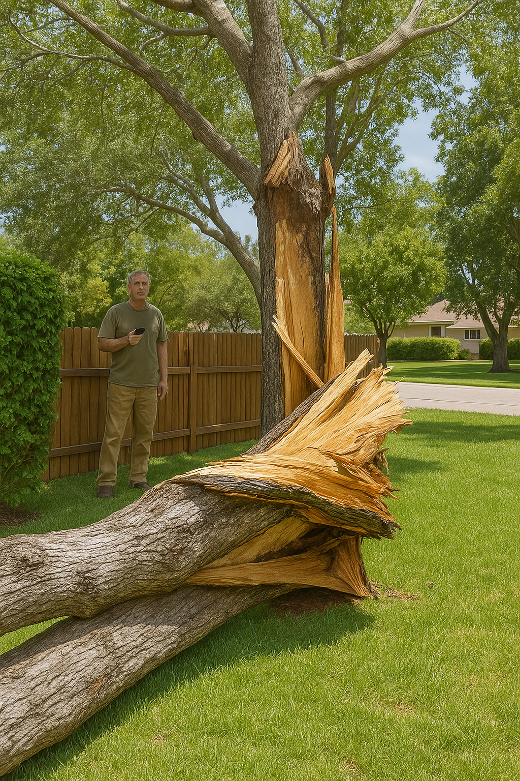 Tree branch fallen on wooden fence in Lancaster backyard with concerned neighbor nearby.