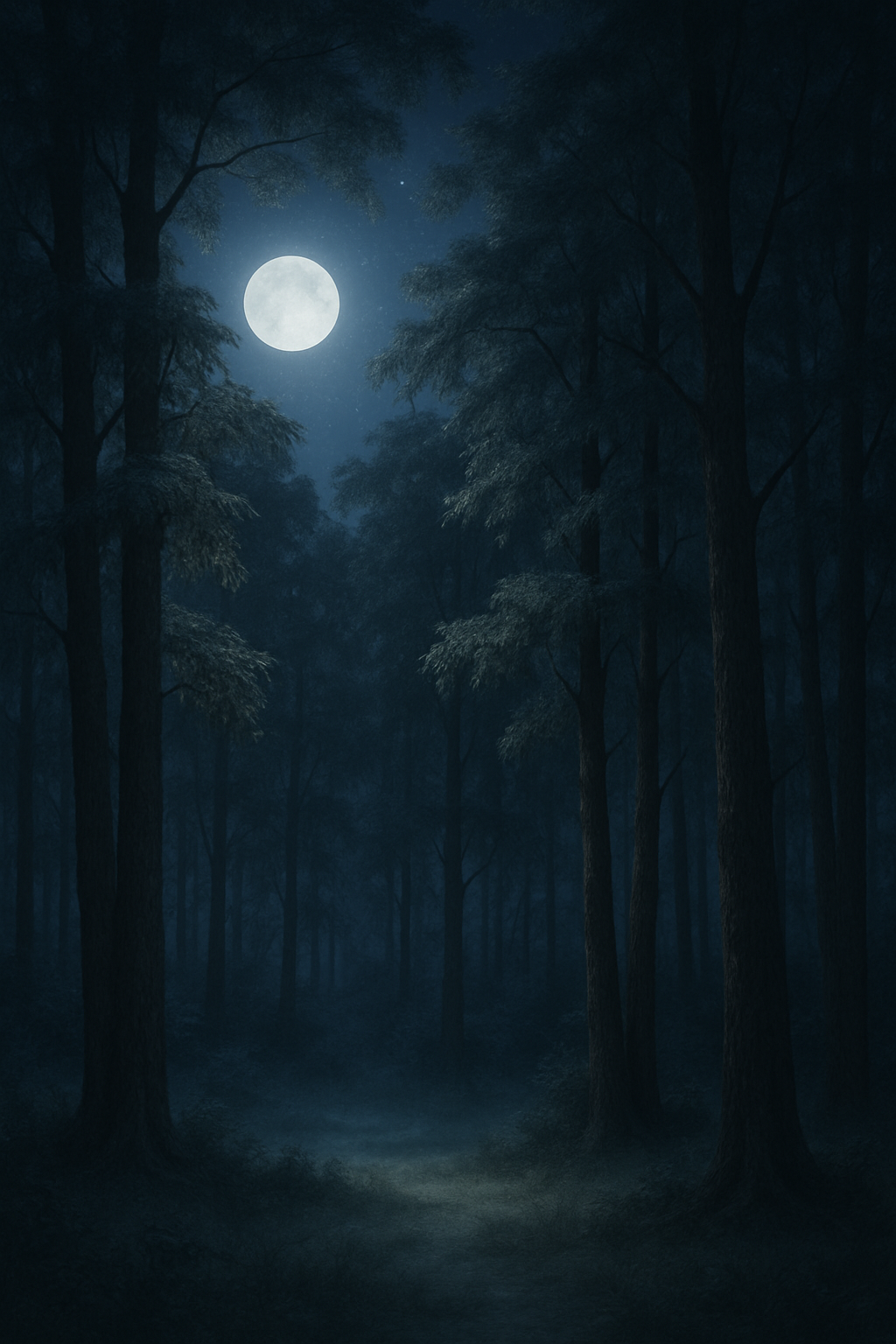  Trees resting under moonlight in a calm, misty forest