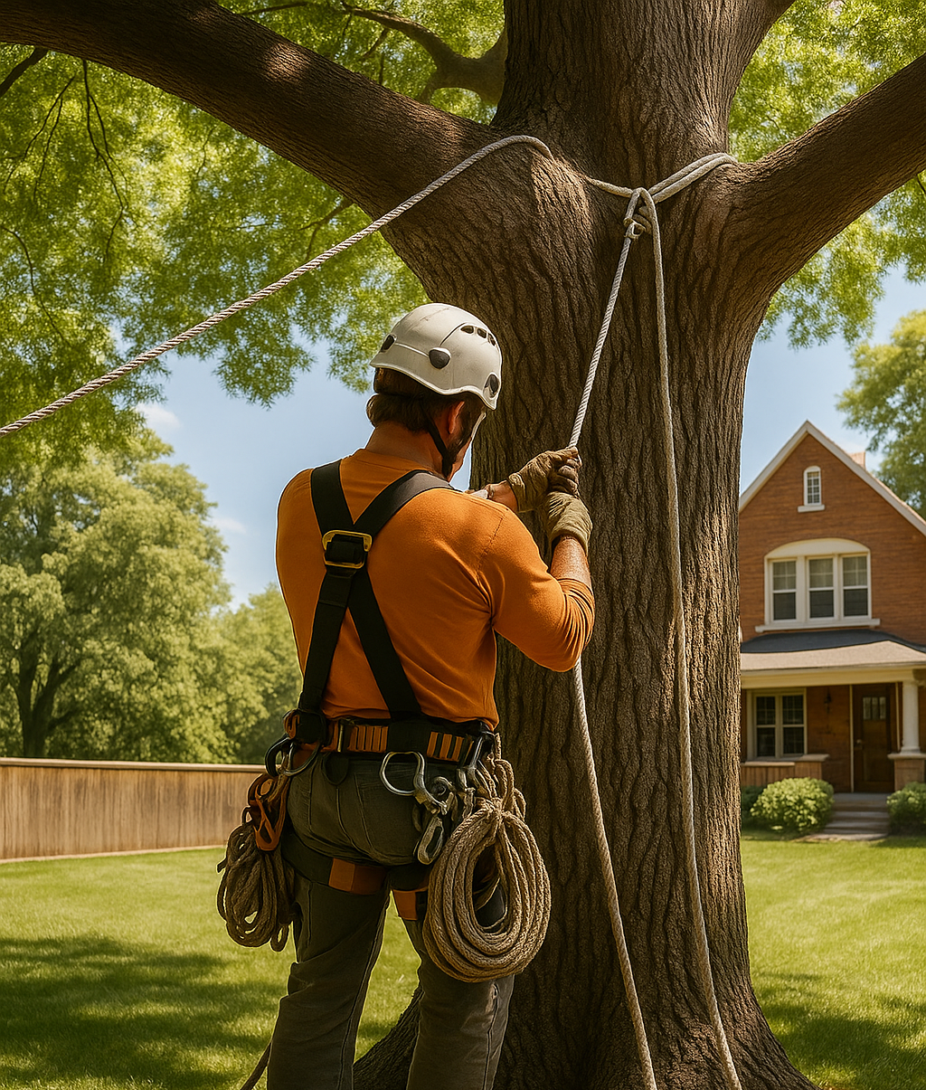 Arborist in safety gear installing tree cabling on a large tree in a residential Lancaster, CA yard