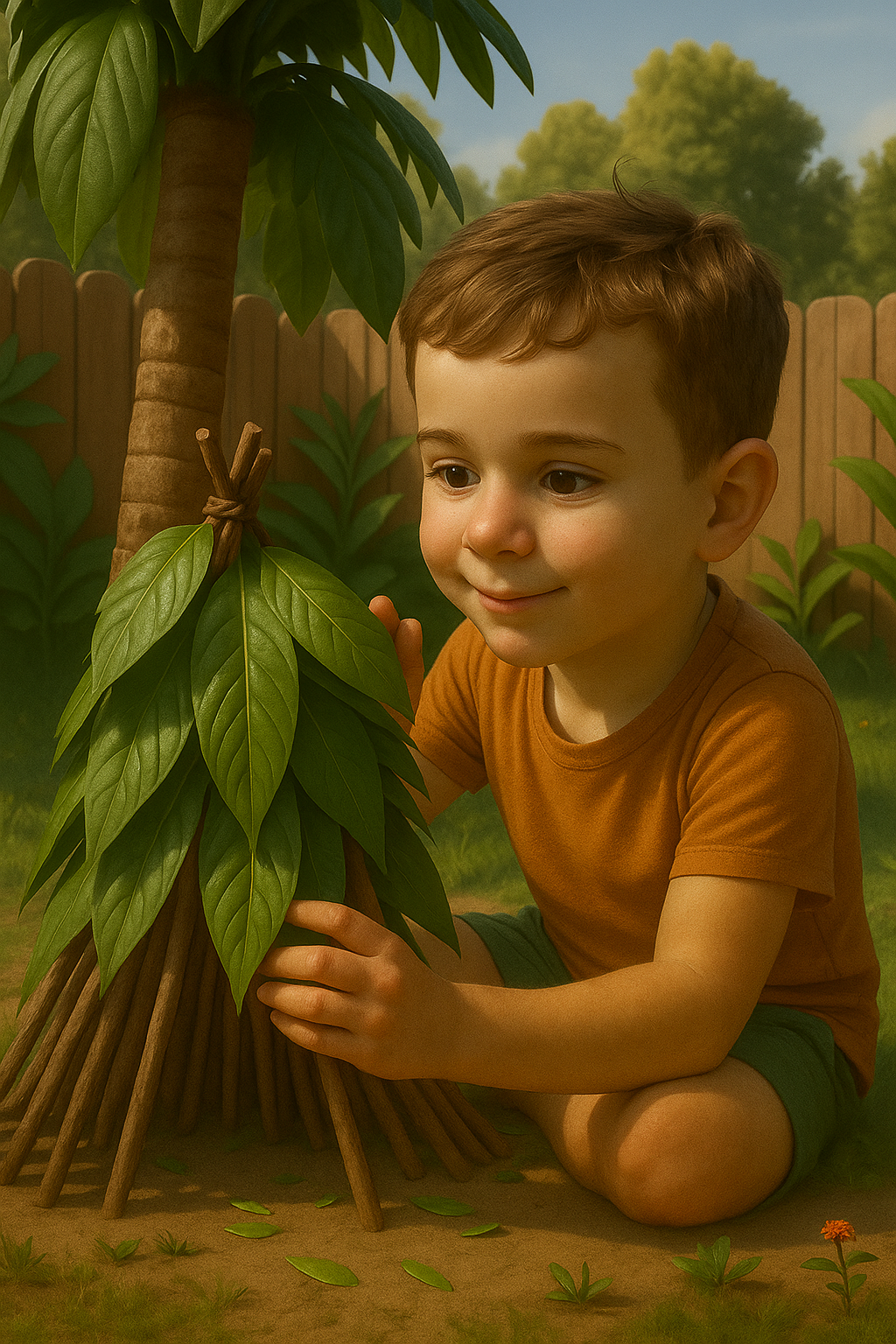 Child building a fort in a tall palm tree surrounded by green fronds and blue sky