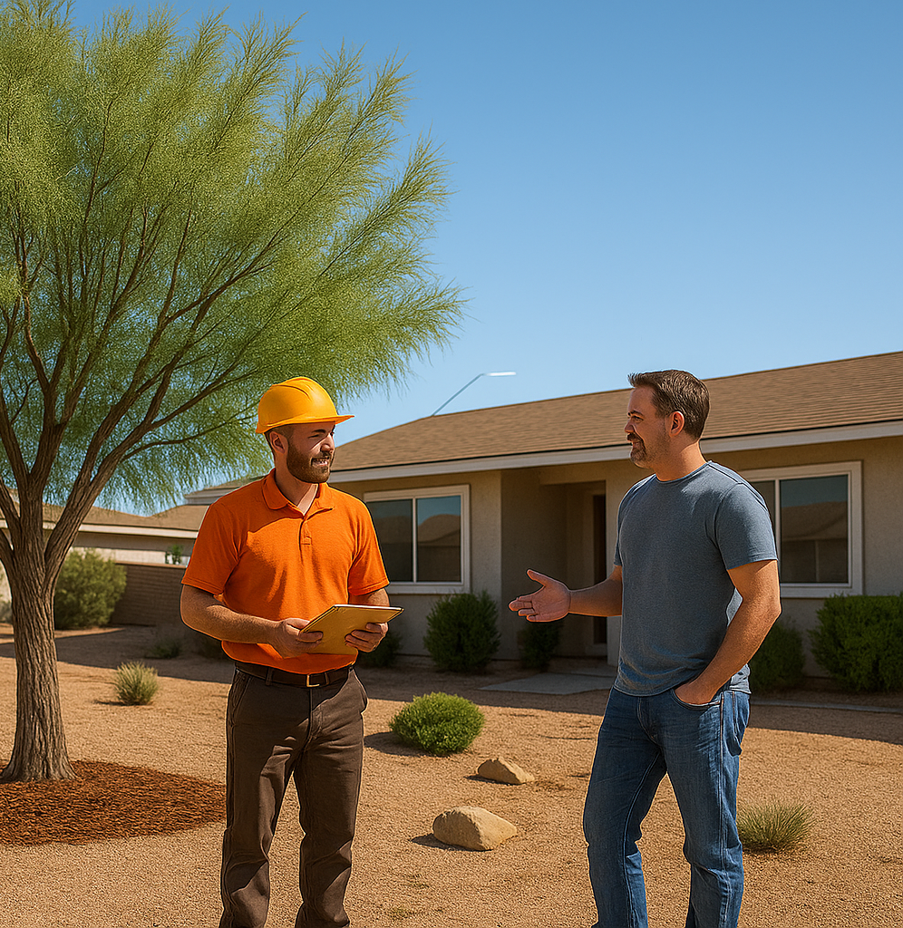Certified arborist in uniform speaking with a homeowner in a Lancaster, California yard with a mature Desert Willow tree and desert-style landscaping.