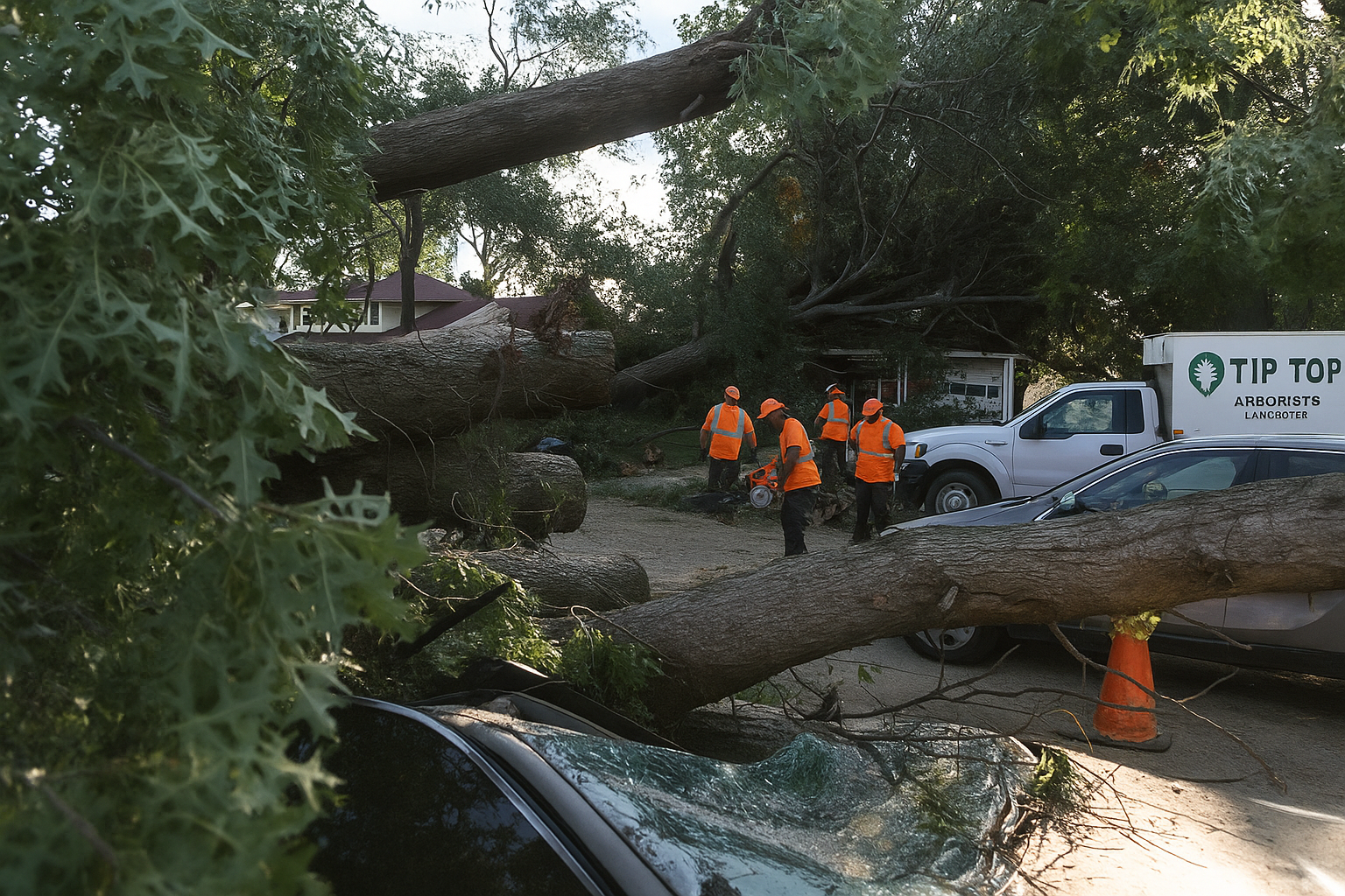 Tip Top Arborists crew removing a storm-damaged tree from a driveway in Lancaster, California.
