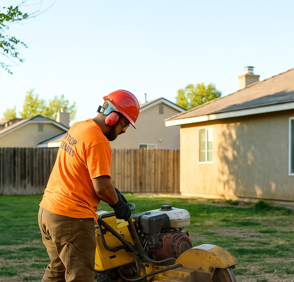 Tip Top Arborists technician grinding a tree stump in a Lancaster backyard to prepare the yard for landscaping.