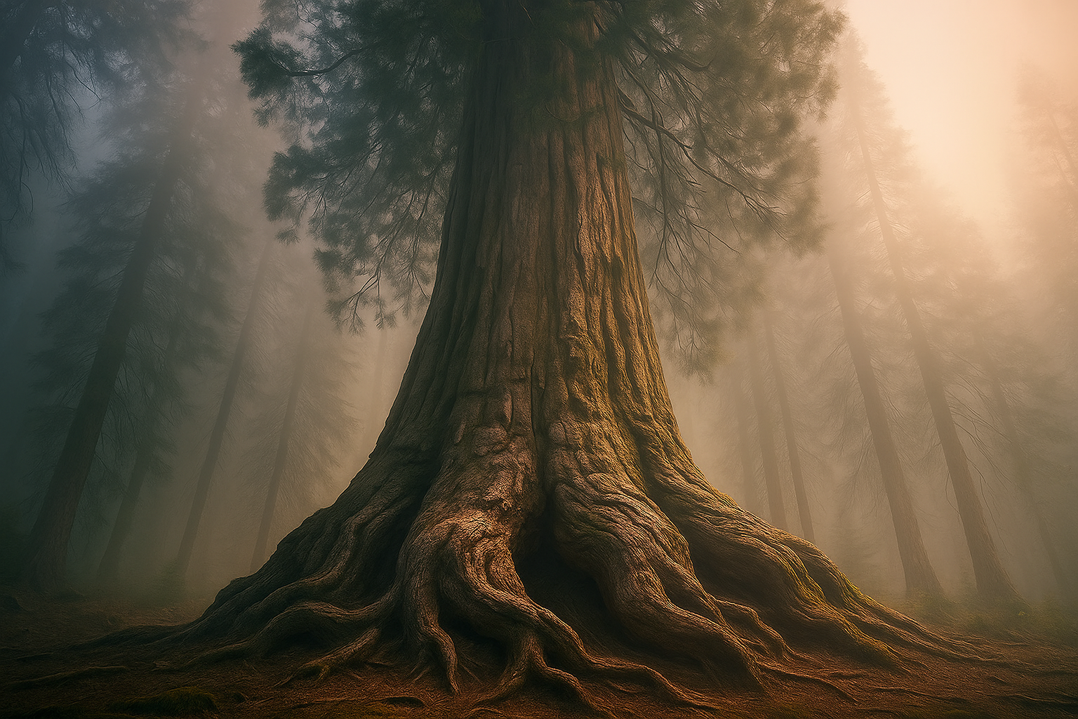 Lone redwood tree rising into a forest canopy with sunlight and mist