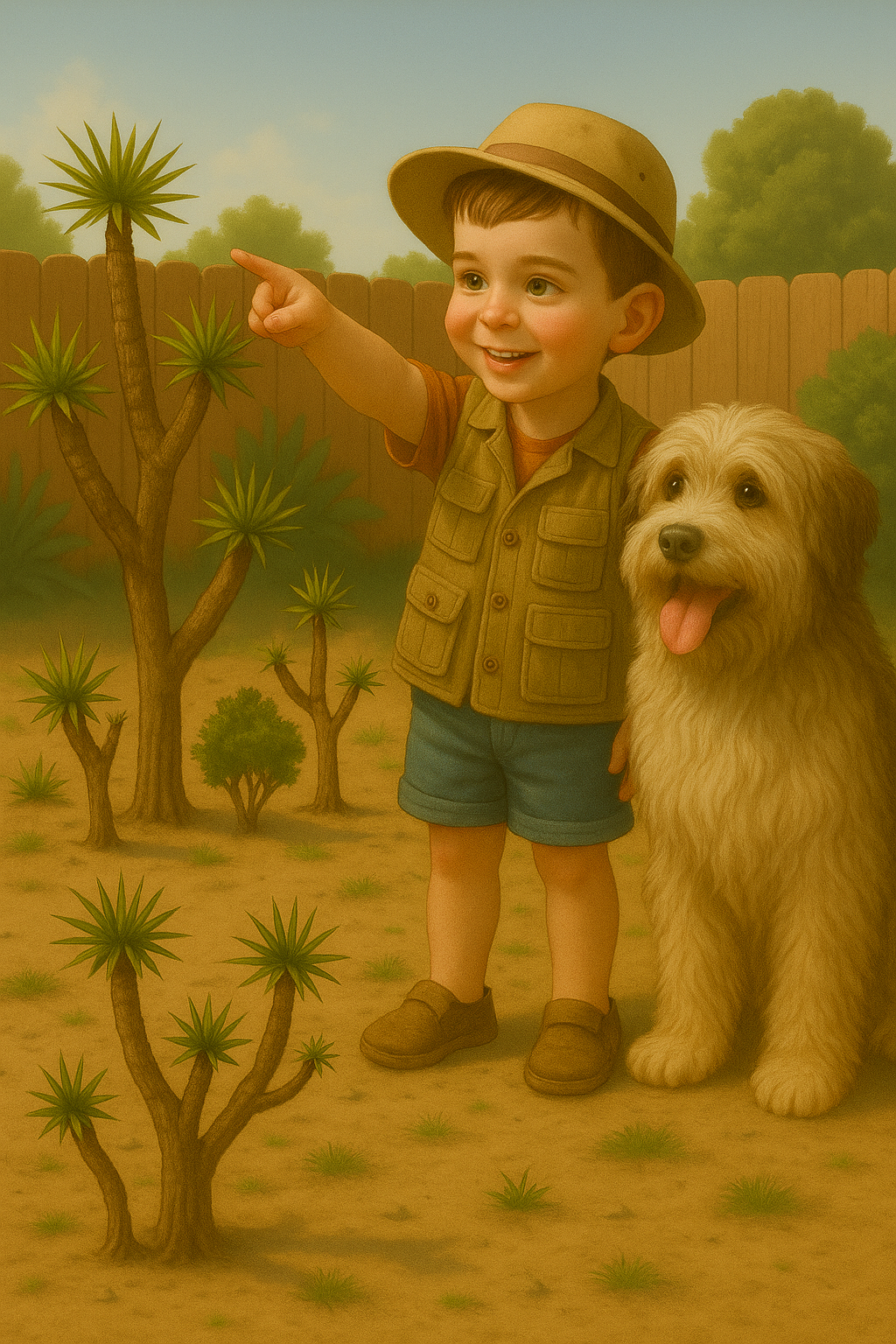 Child and dog picking up trash under a tree in a dry backyard in Lancaster, CA.