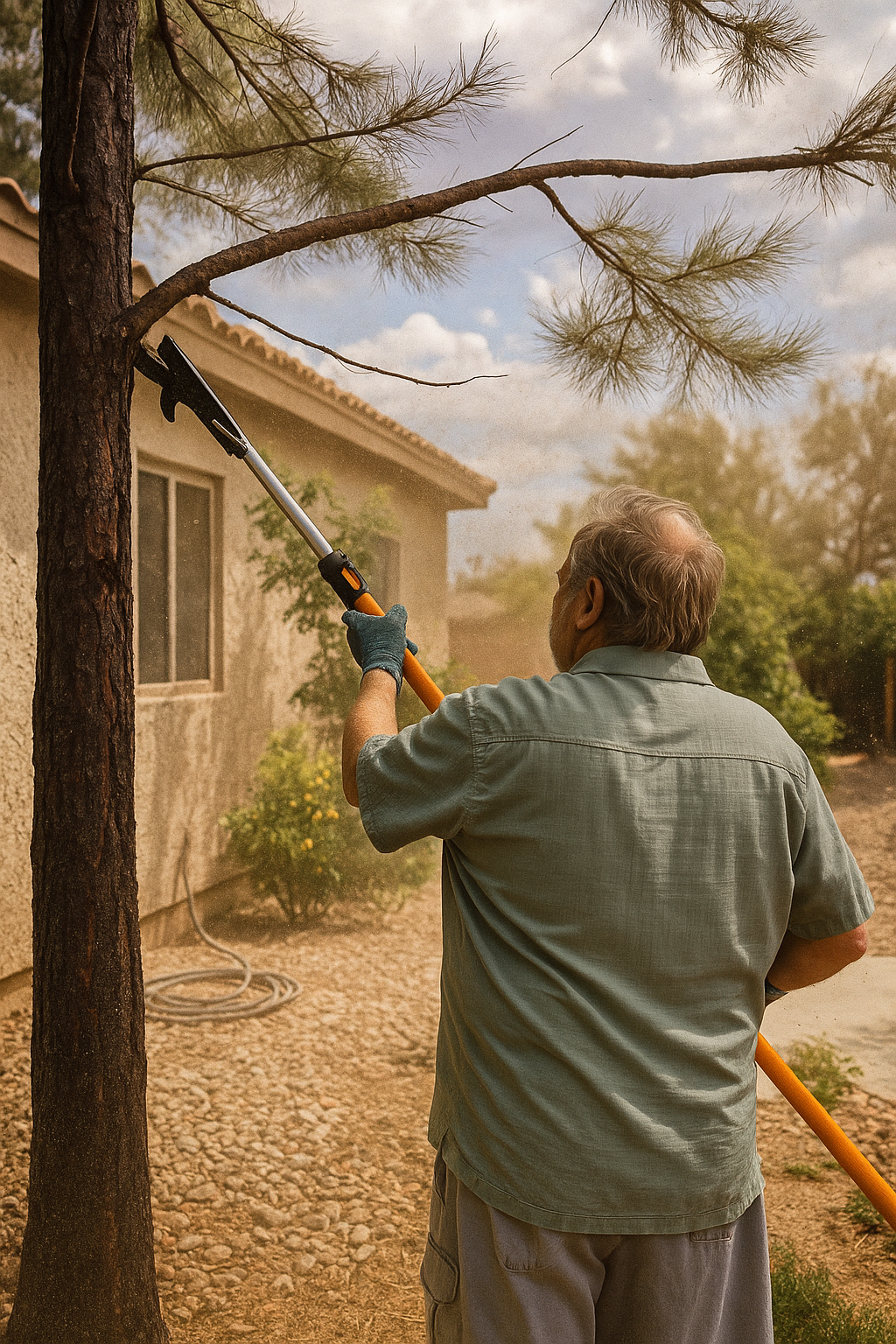 Homeowner inspecting tree before windstorm in Lancaster, California
