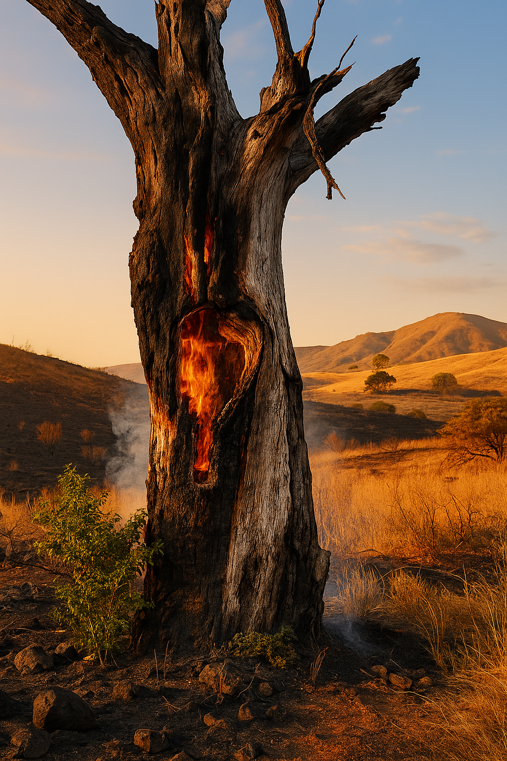 Fire-damaged oak tree standing in Lancaster, California landscape after wildfire