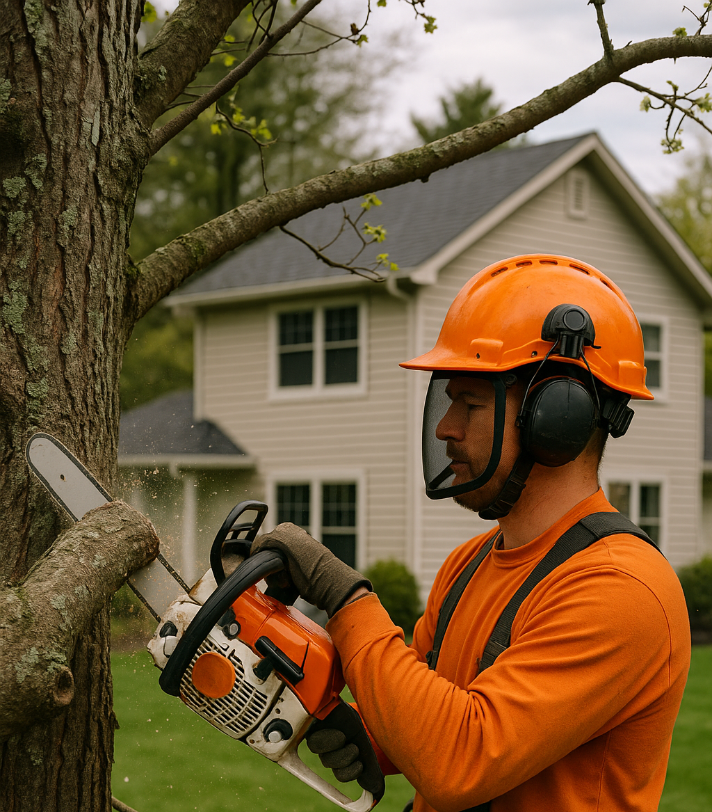 Arborist in safety gear trimming a tree branch in a residential yard.