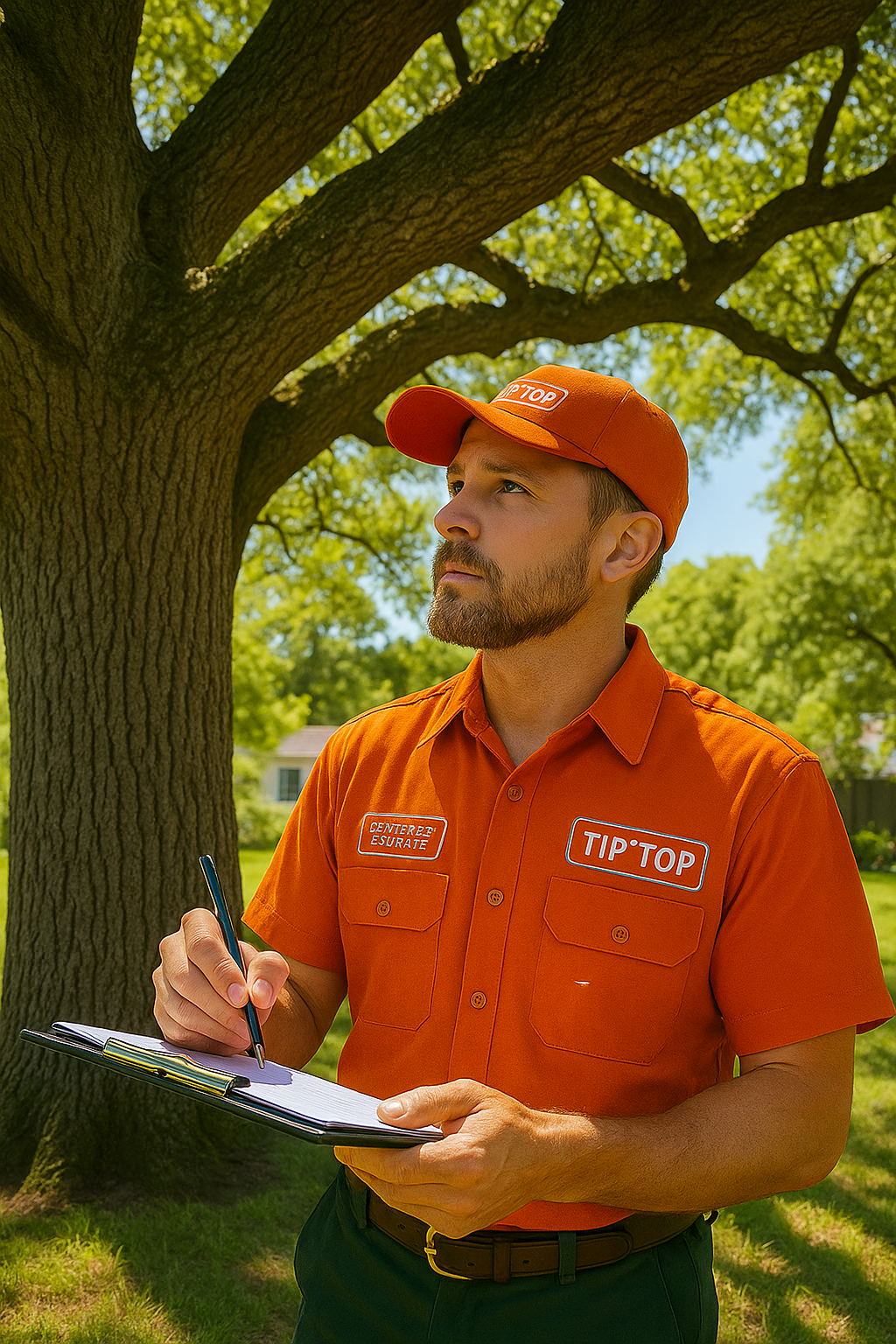 Certified arborist inspecting a healthy oak tree in a residential Lancaster yard.