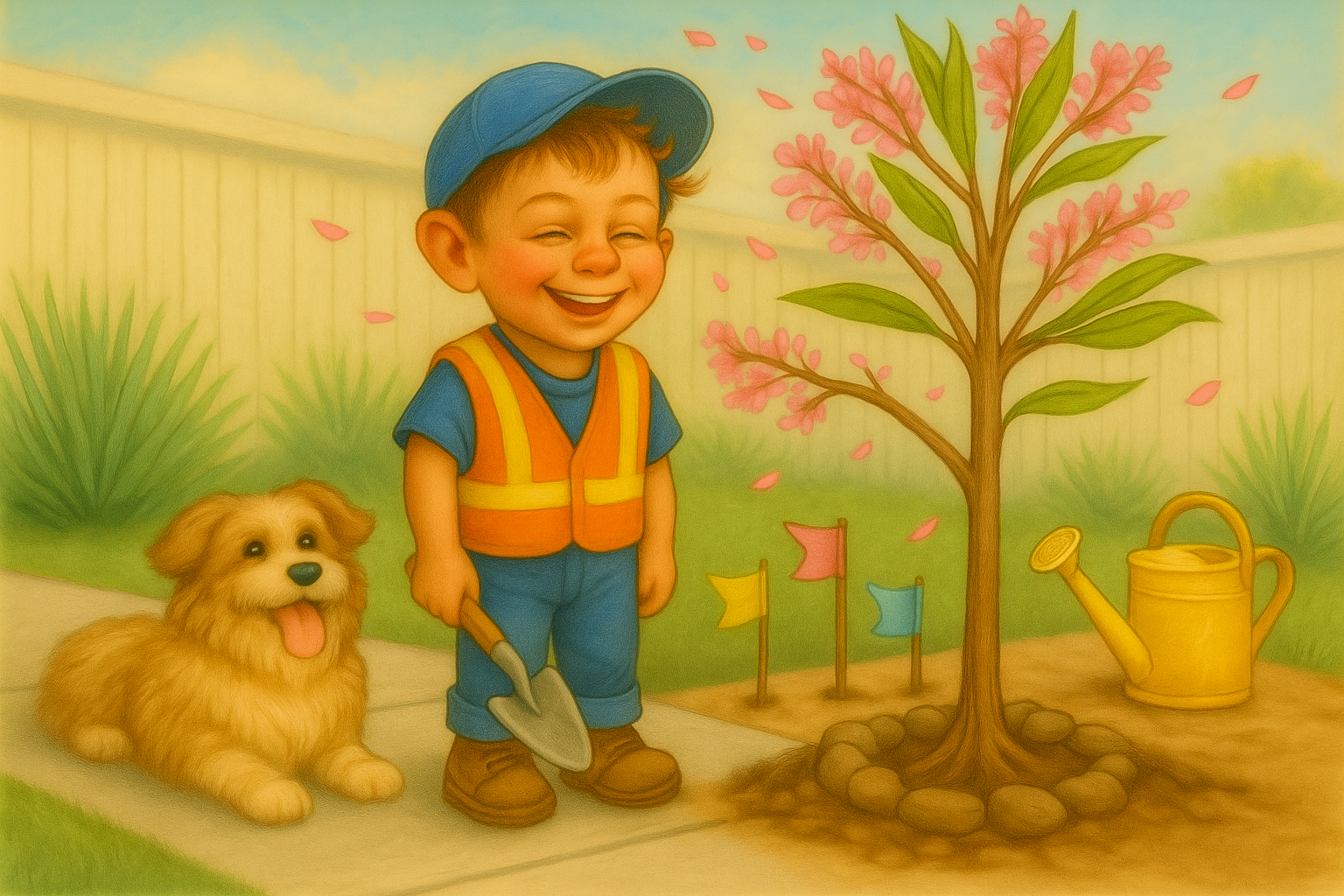 Cartoon character Sprout and his dog looking at a pink-flowered Desert Willow in a sunny backyard.