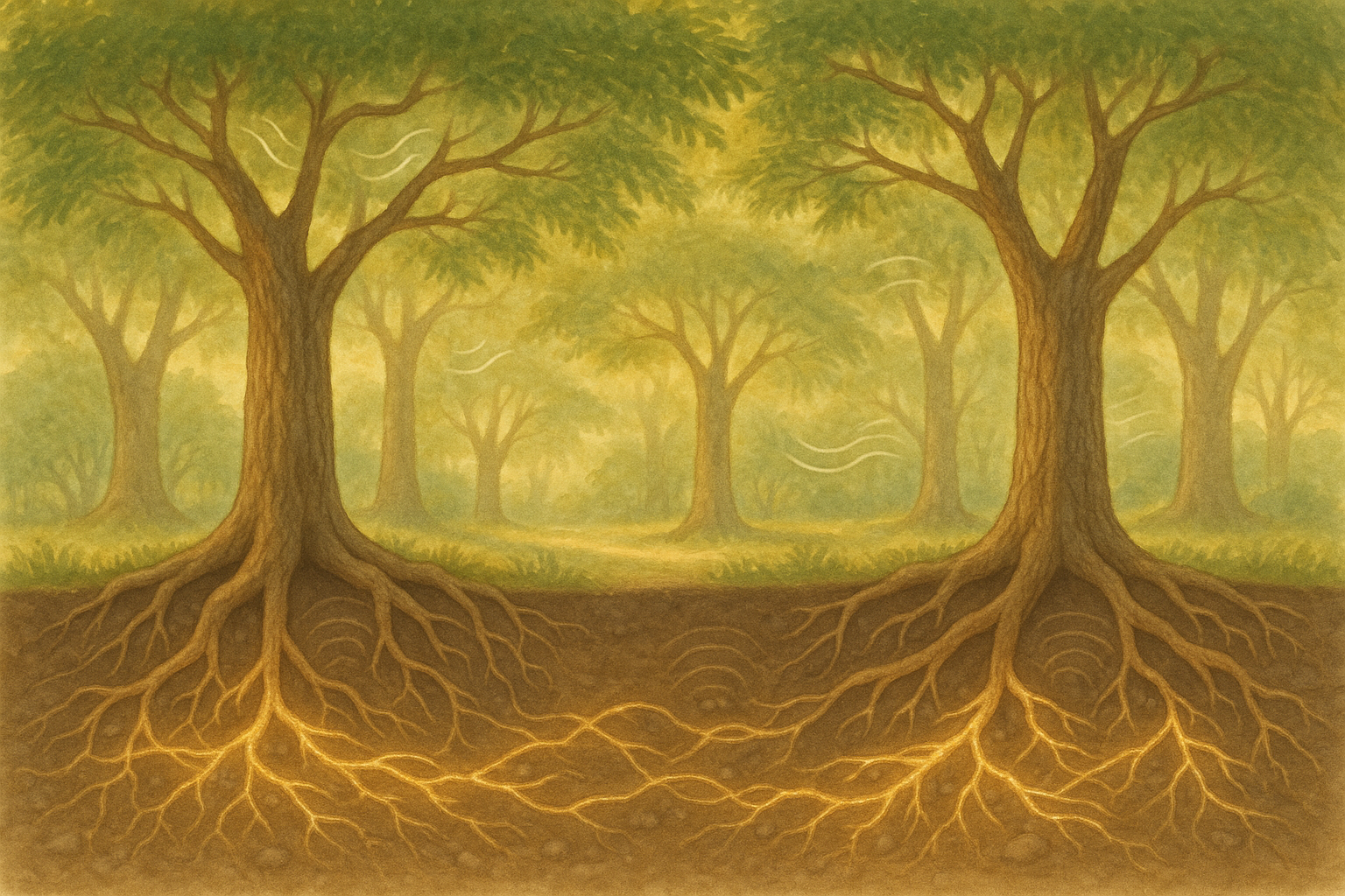 Tree roots underground with subtle visual sound waves illustrating communication through vibrations.