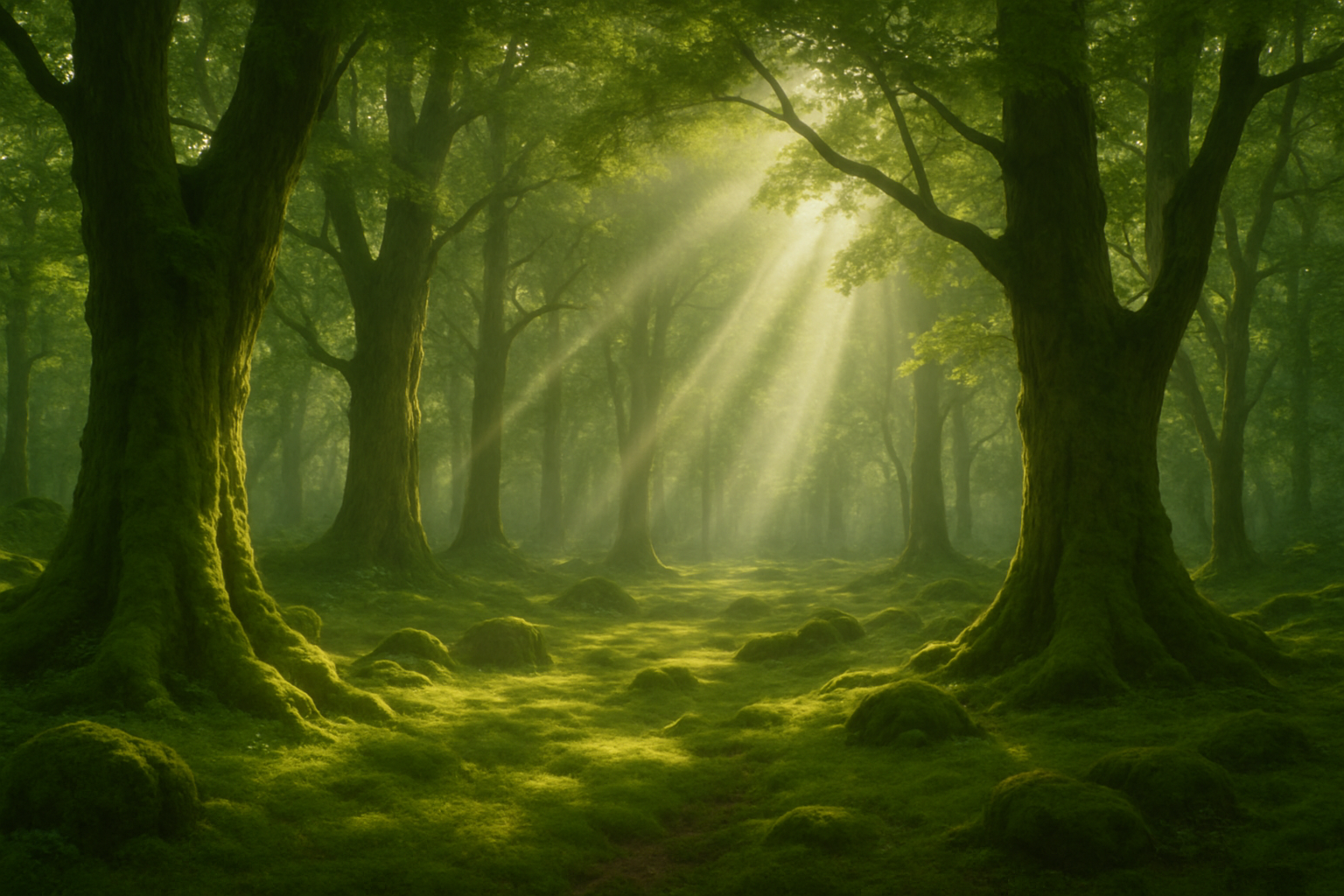 Sunlight filters through the canopy of an ancient sacred grove, casting a peaceful glow on the forest floor.