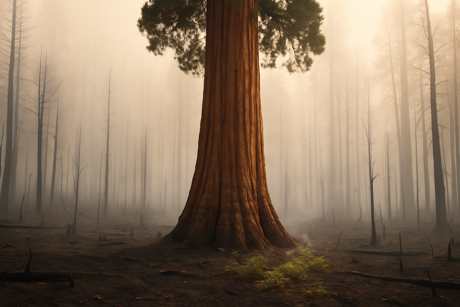  A resilient sequoia tree stands in a burned forest, with scorched ground and fresh green sprouts emerging.