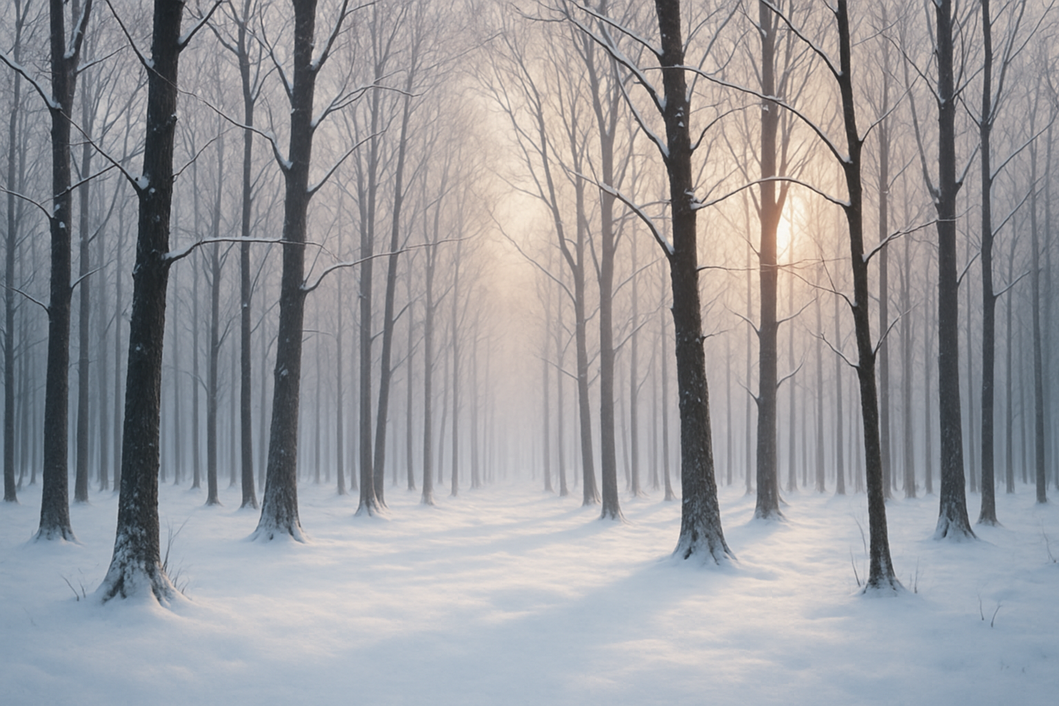  A quiet winter forest filled with bare deciduous trees, dusted with snow and bathed in soft morning light.