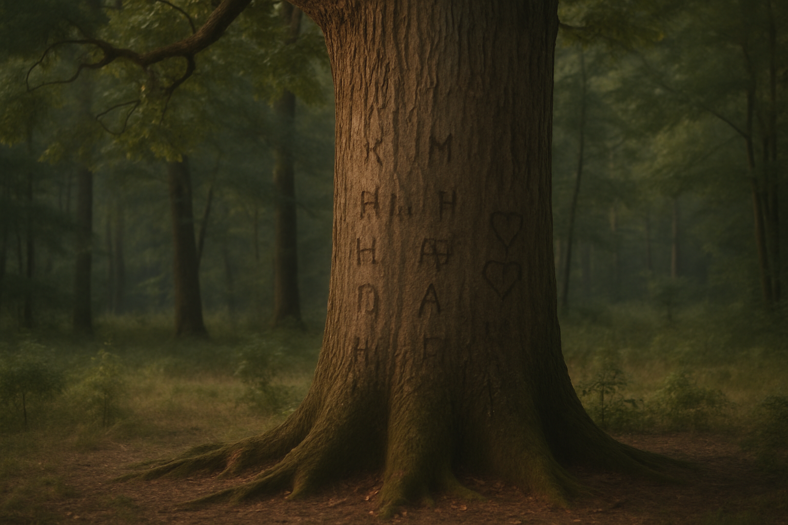 Carved oak tree in Lancaster forest showing faded initials and markings