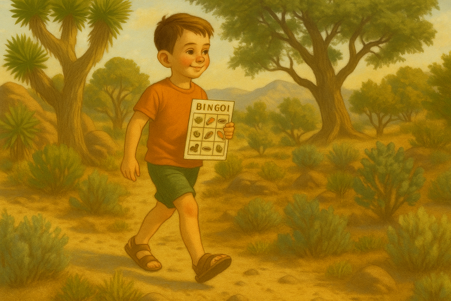 Animated young boy holding a bingo sheet, walking along a desert trail surrounded by native California trees.
