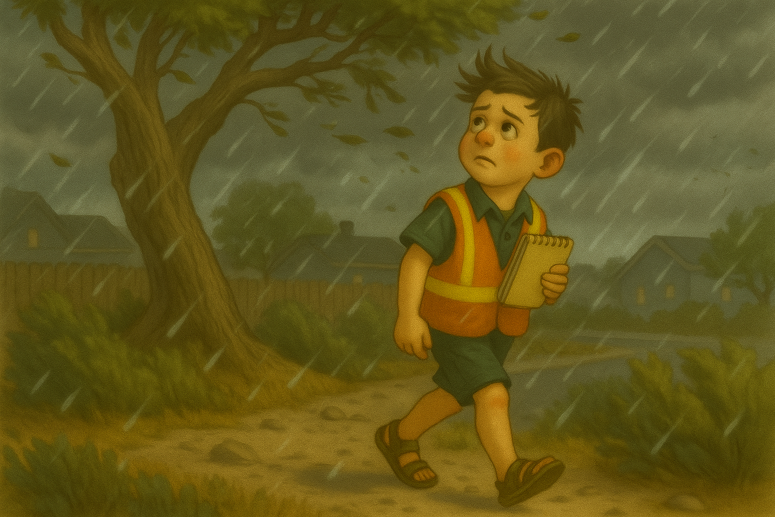 Sprout watches a tree swaying in the wind during a storm, carefully observing for safety.