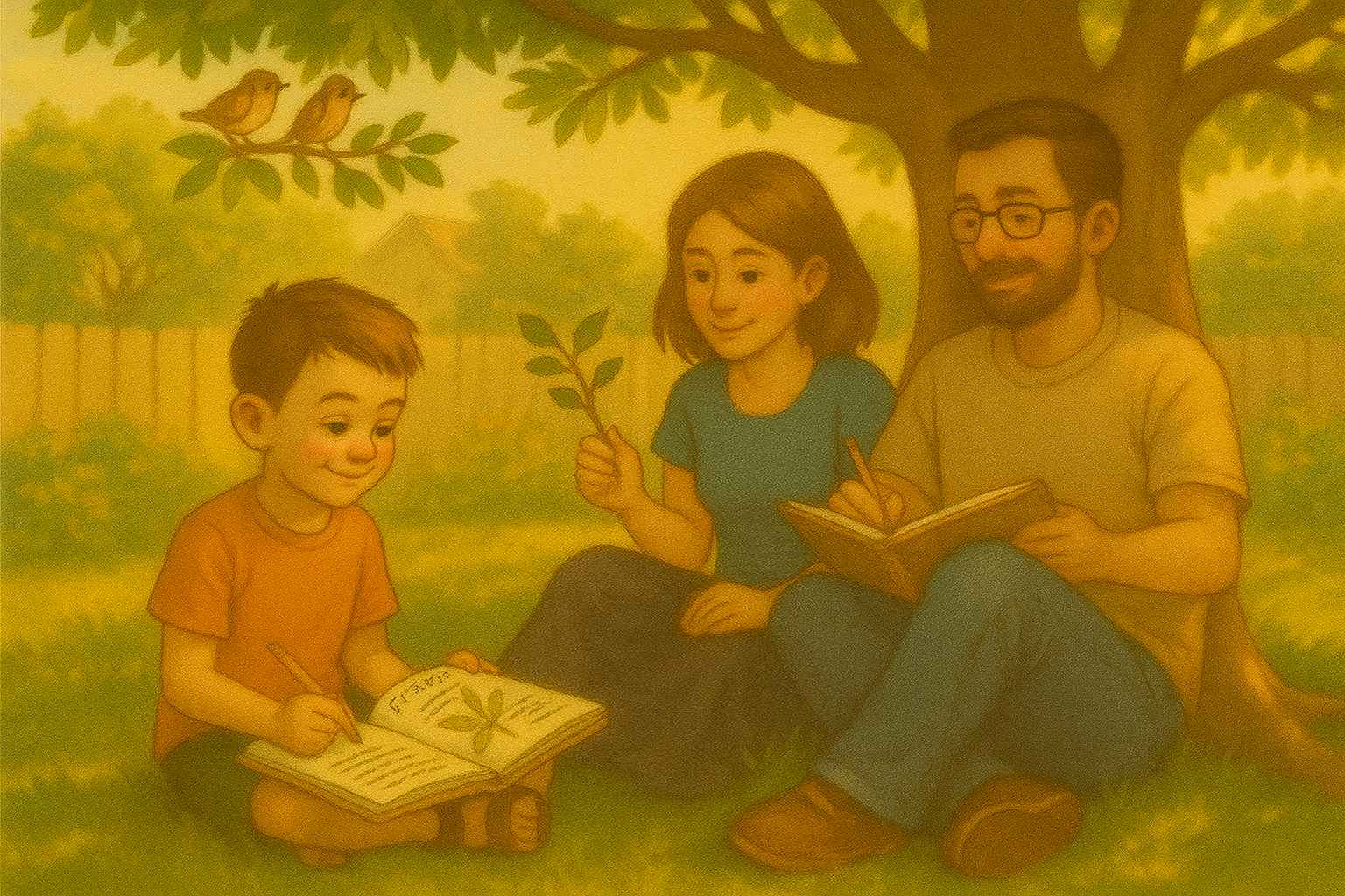 Sprout and his family sit under a backyard tree, journaling and observing nature together.