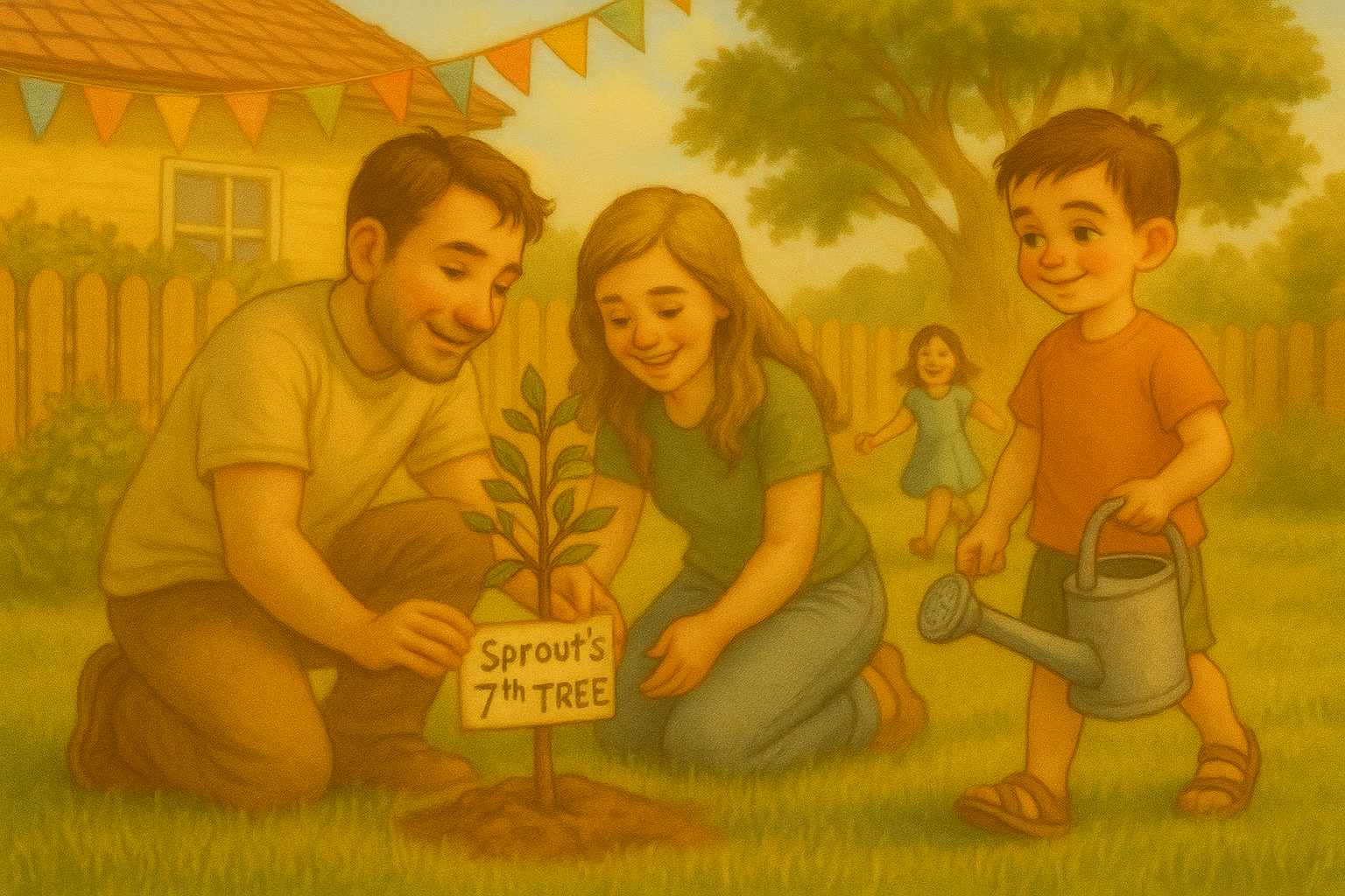 Sprout and his family plant a tree during his birthday party, creating a lasting tradition.