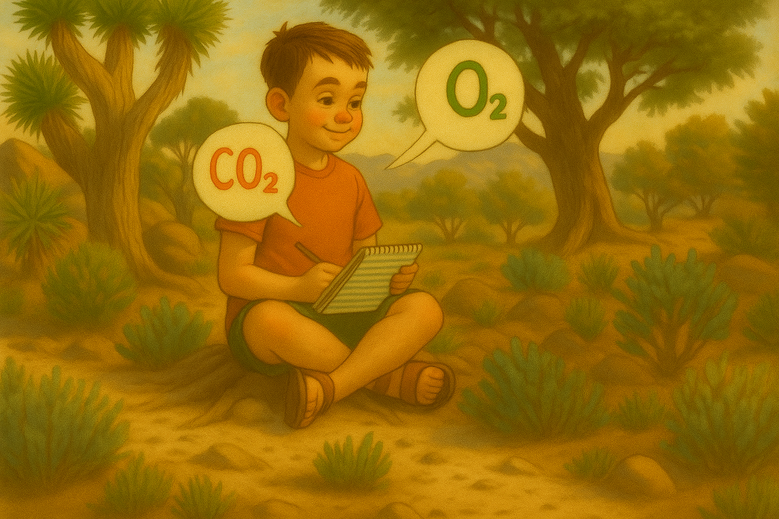 Sprout observes how a tree helps the air, with labeled arrows showing oxygen and carbon dioxide.