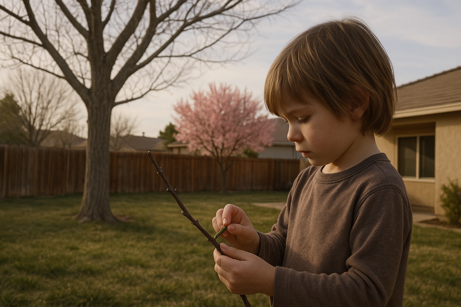 Child inspecting tree twigs in a Lancaster backyard during early spring.