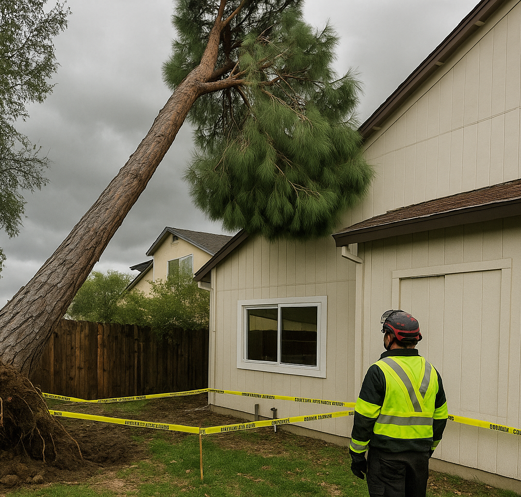 Arborist inspecting leaning tree roots in Lancaster backyard after storm